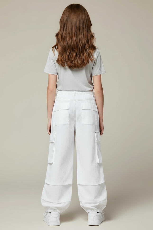 Pantalon Parachute Blanc Cargo Ample Coton Fille - vue 2