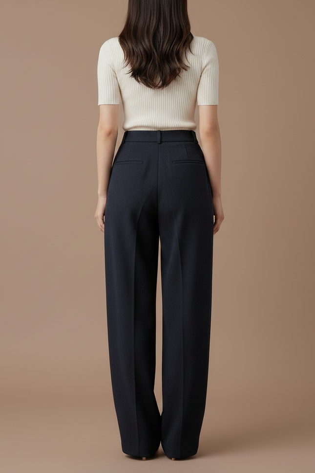 Pantalon Parachute Bleu Marine Ample Taille Haute Élégant - Laine - vue 2