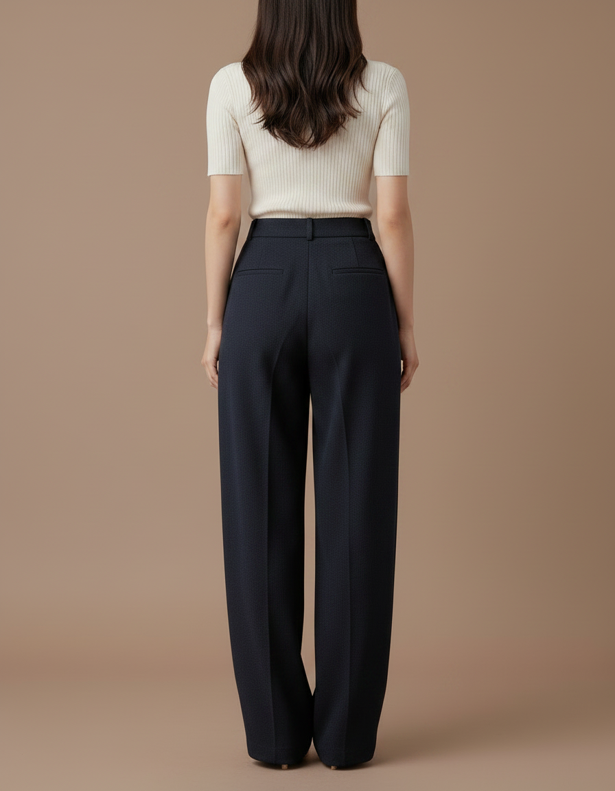Pantalon Parachute Bleu Marine Ample Taille Haute Élégant - Laine - vue 2
