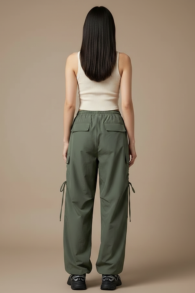 Pantalon Parachute Kaki Ample Cargo Cordon Sport Femme - Polyester - vue 2