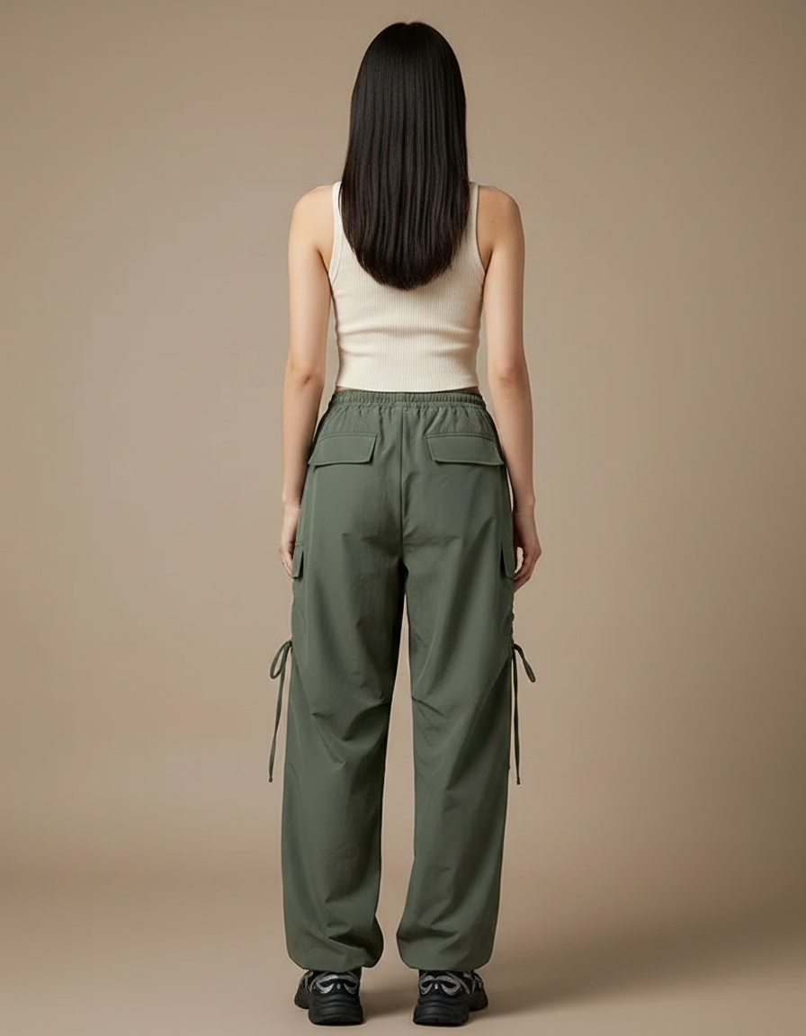 Pantalon Parachute Kaki Ample Cargo Cordon Sport Femme - Polyester - vue 2