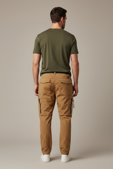 Pantalon Parachute Marron Cargo Zippé Décontracté Homme - Camel Polyester - vue 2