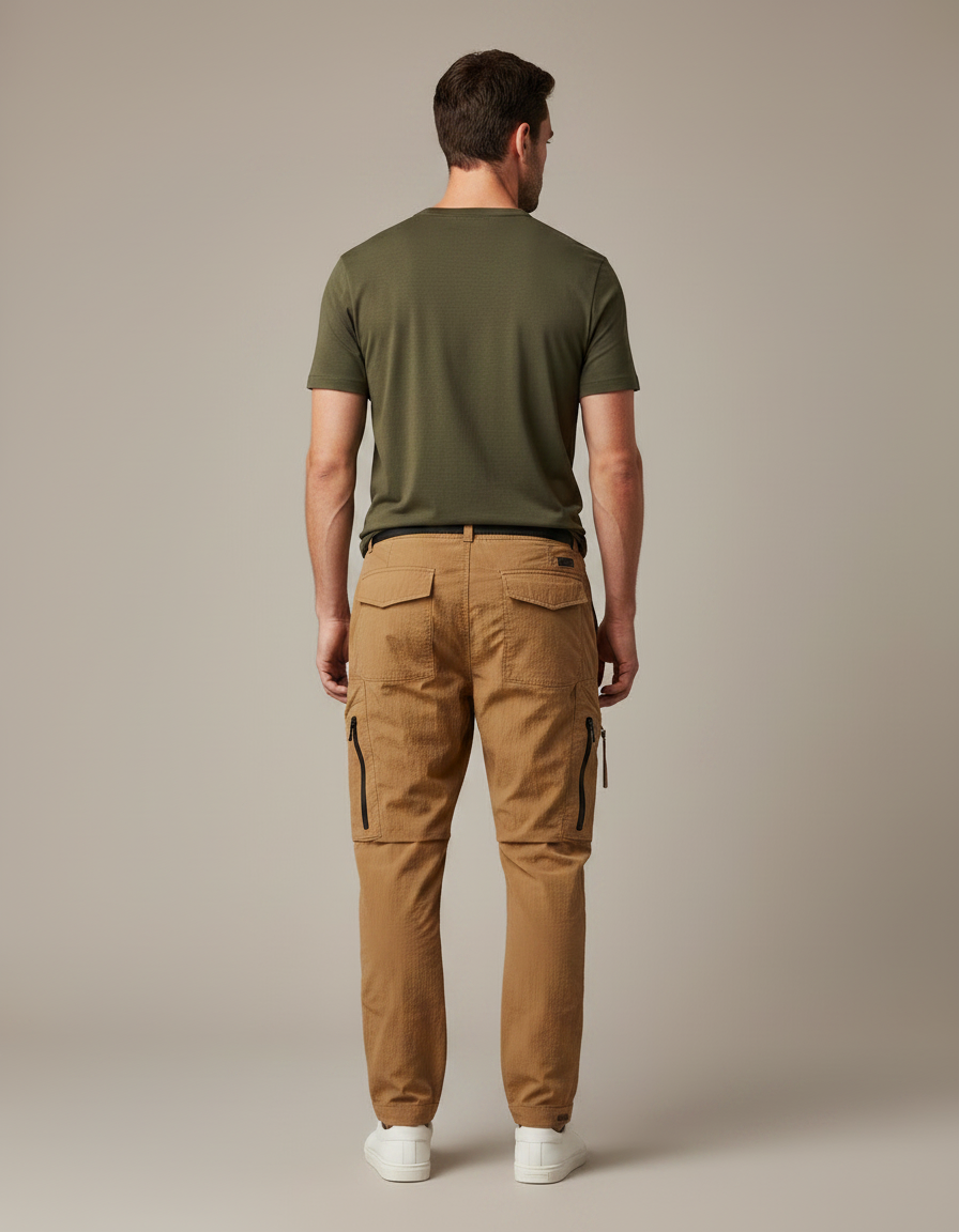 Pantalon Parachute Marron Cargo Zippé Décontracté Homme - Camel Polyester - vue 2