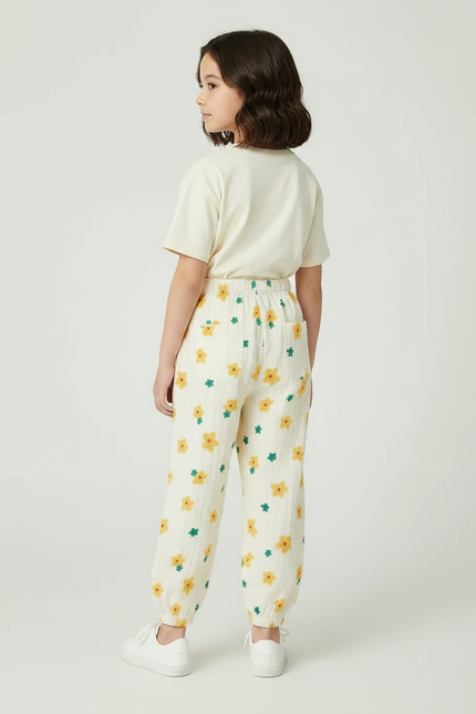 Pantalon Parachute Crème Fleuri Ample Léger Fille - Imprimé Coton - vue 2