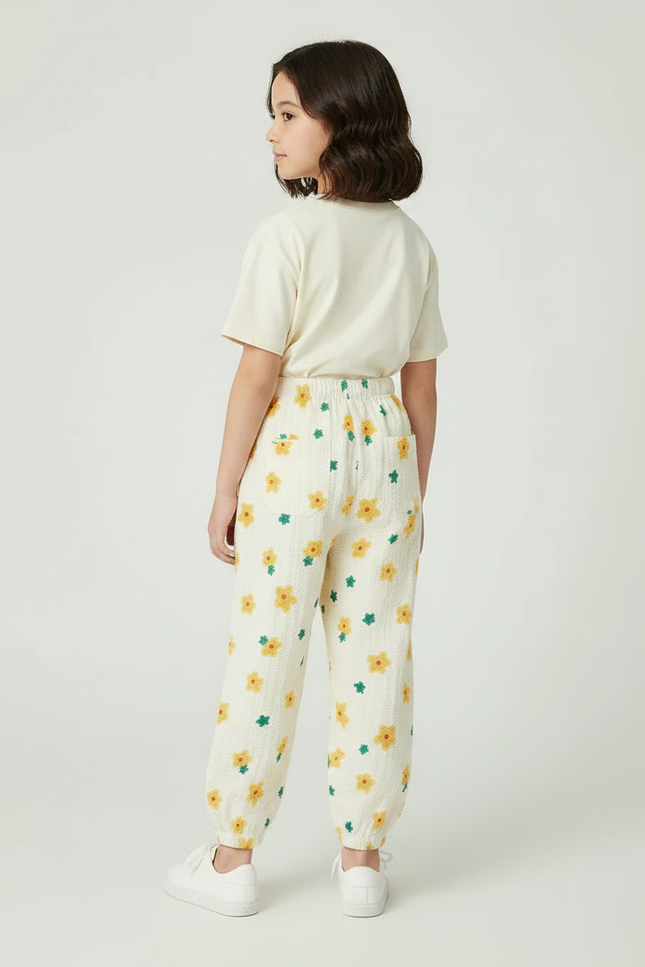 Pantalon Parachute Crème Fleuri Ample Léger Fille - Imprimé Coton - vue 2