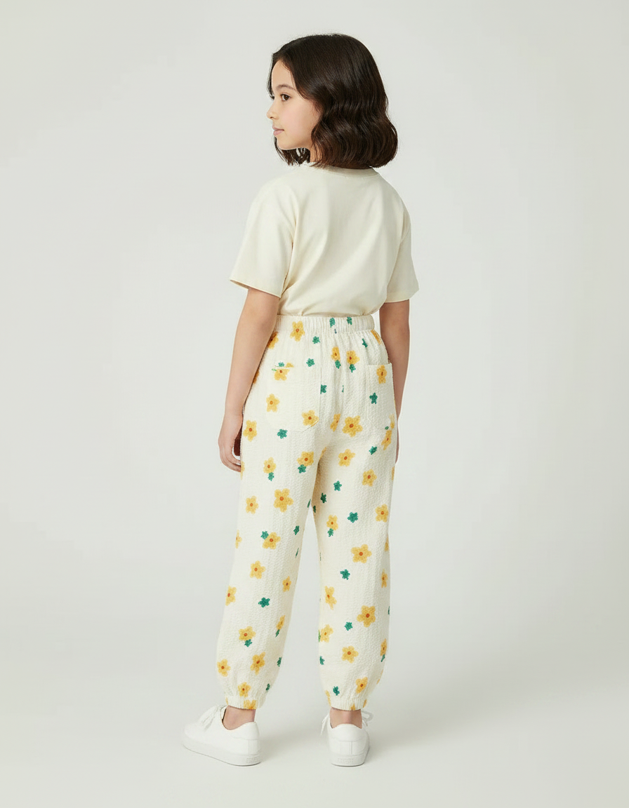 Pantalon Parachute Crème Fleuri Ample Léger Fille - Imprimé Coton - vue 2