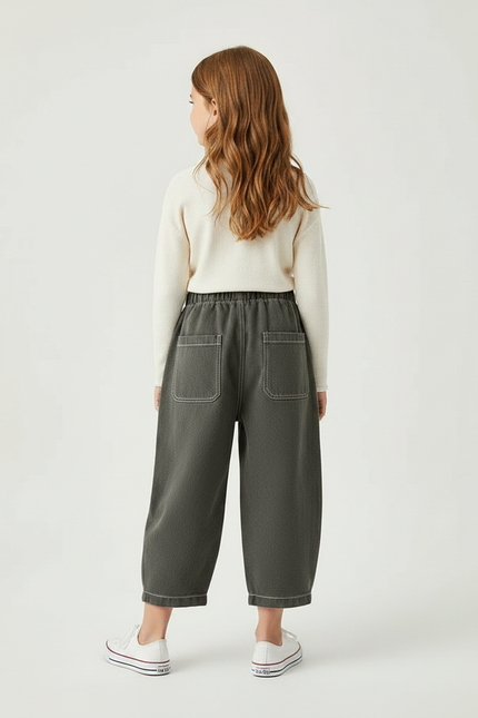 Pantalon Parachute Gris Ample Coton Enfant Décontracté - Kaki Molleton - vue 2