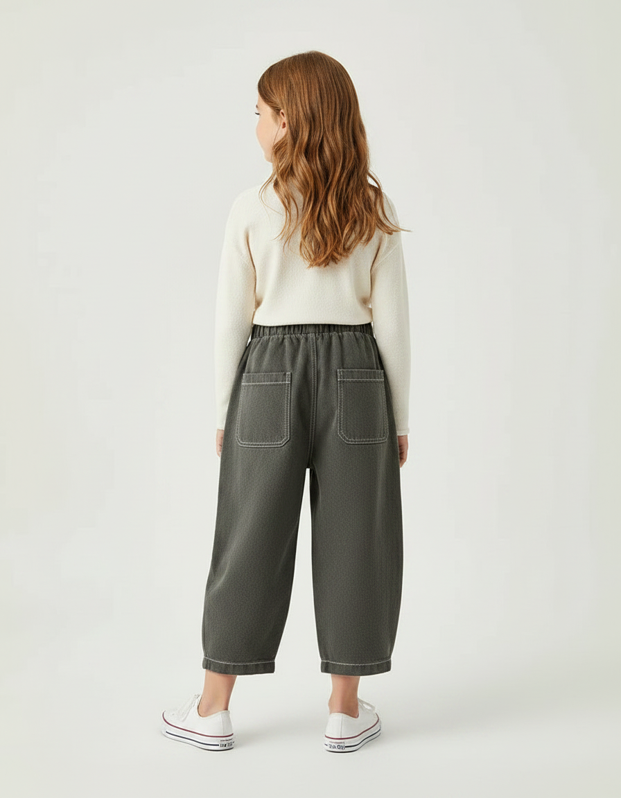 Pantalon Parachute Gris Ample Coton Enfant Décontracté - Kaki Molleton - vue 2