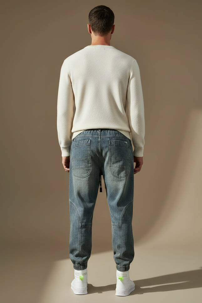 Pantalon Parachute Denim Bleu Délavé Ample Décontracté Homme - Jean - vue 2