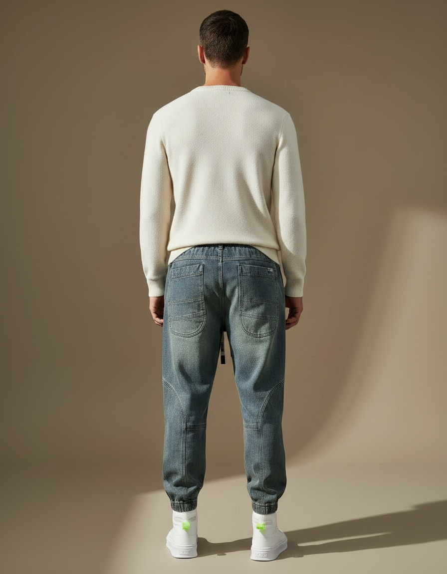Pantalon Parachute Denim Bleu Délavé Ample Décontracté Homme - Jean - vue 2