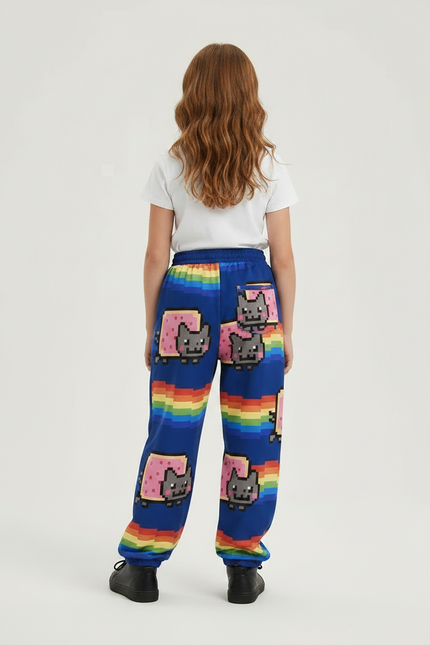 Pantalon Parachute Bleu Arc-en-ciel Pixel Nyan Cat Ample - Multicolore Molleton - vue 2