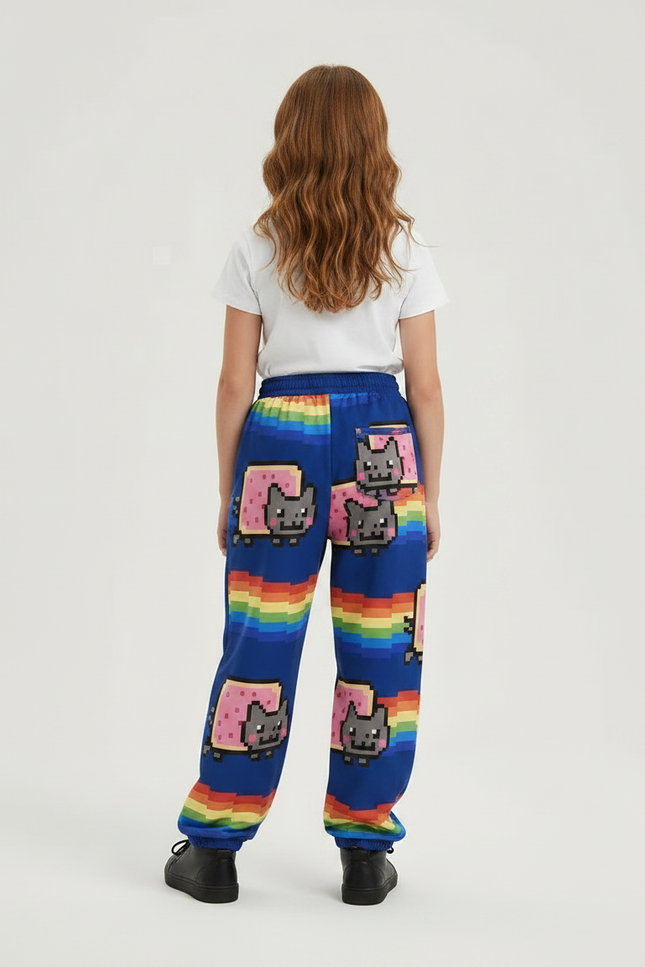 Pantalon Parachute Bleu Arc-en-ciel Pixel Nyan Cat Ample - Multicolore Molleton - vue 2