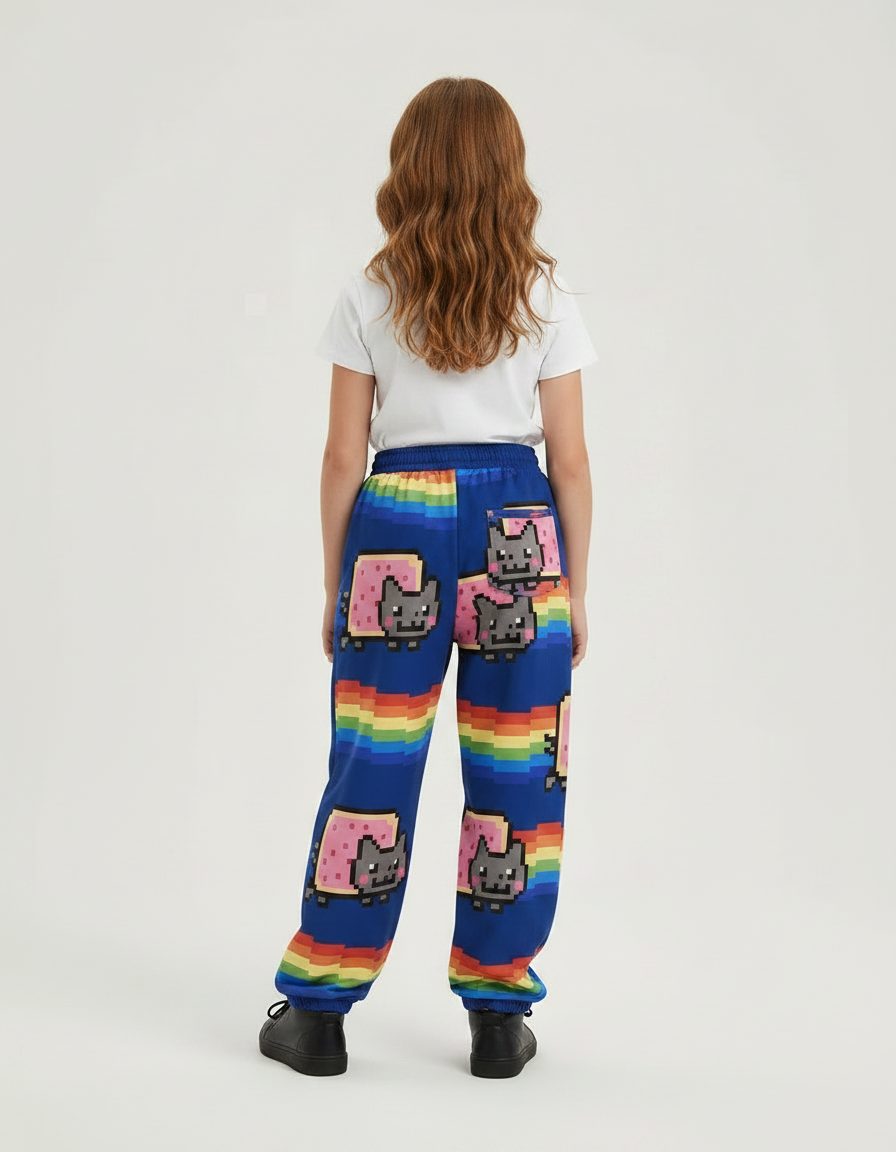 Pantalon Parachute Bleu Arc-en-ciel Pixel Nyan Cat Ample - Multicolore Molleton - vue 2
