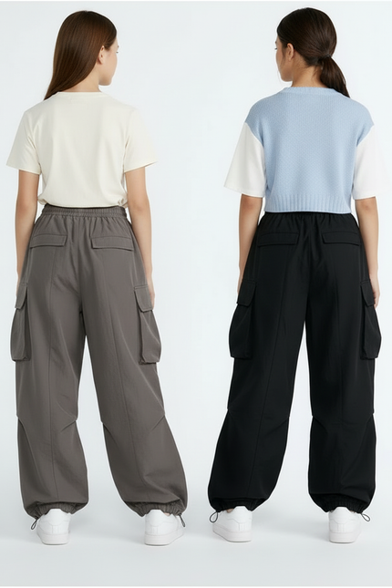 Pantalon Parachute Cargo Ample Gris Noir Streetwear - Polyester - vue 2