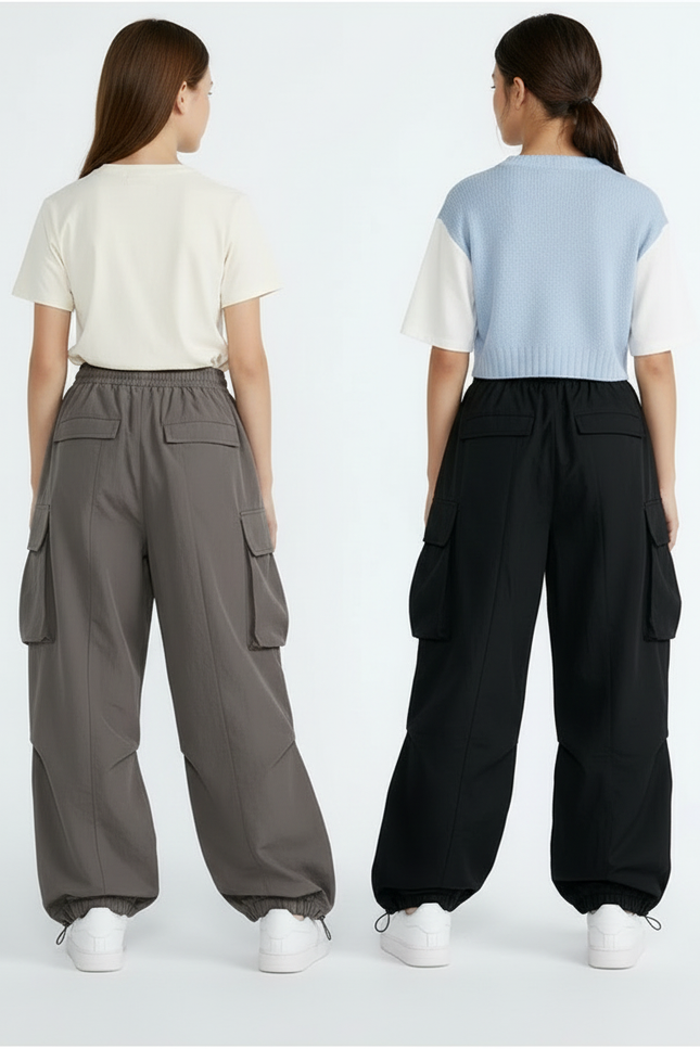 Pantalon Parachute Cargo Ample Gris Noir Streetwear - Polyester - vue 2