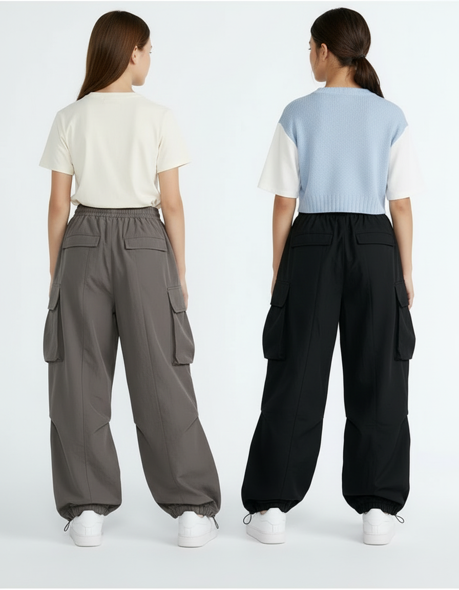 Pantalon Parachute Cargo Ample Gris Noir Streetwear - Polyester - vue 2