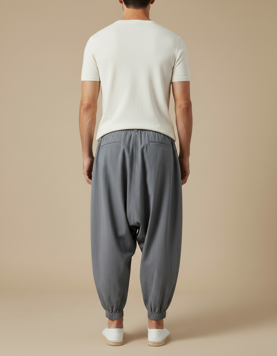 Pantalon Parachute Gris Ample Lin Décontracté Homme - vue 2