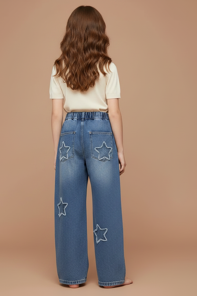 Pantalon Parachute Denim Ample Étoiles Fille Printemps - Bleu Jean - vue 2