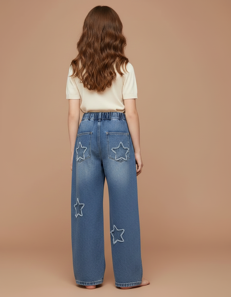 Pantalon Parachute Denim Ample Étoiles Fille Printemps - Bleu Jean - vue 2