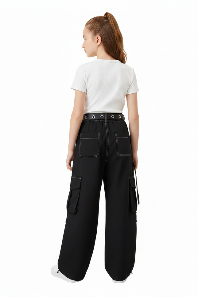 Pantalon Parachute Noir Cargo Ample Couture Blanche Fille - Toile - vue 2