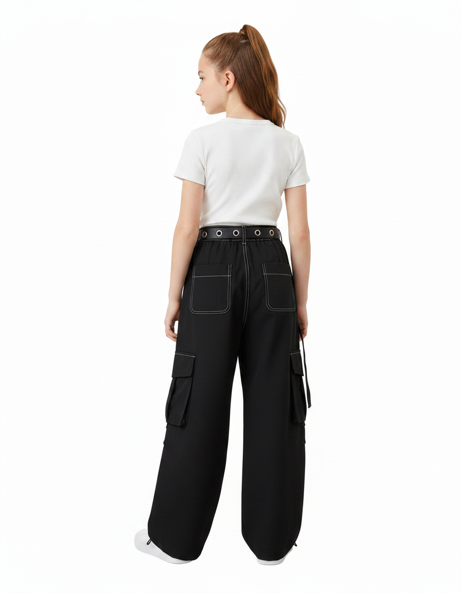 Pantalon Parachute Noir Cargo Ample Couture Blanche Fille - Toile - vue 2
