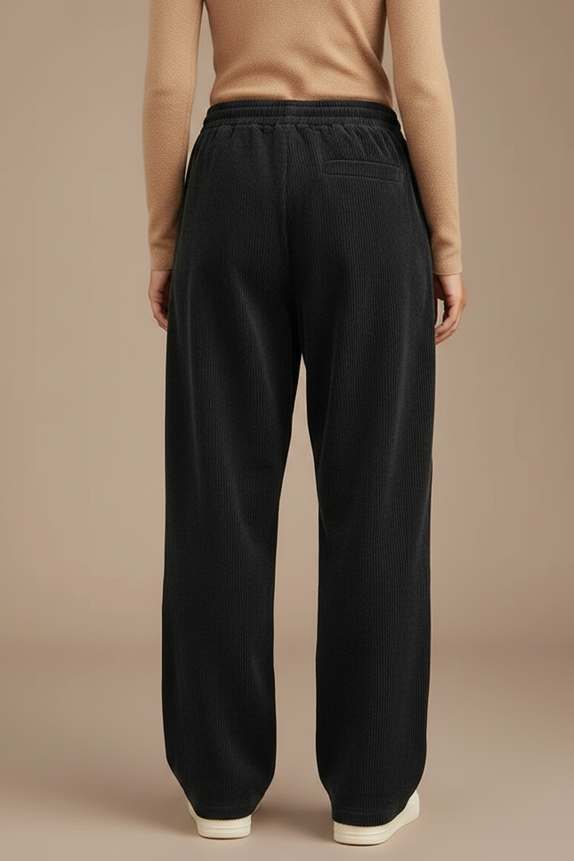 Pantalon Parachute Côtelé Noir Droit Ample Femme - Cordé - vue 2