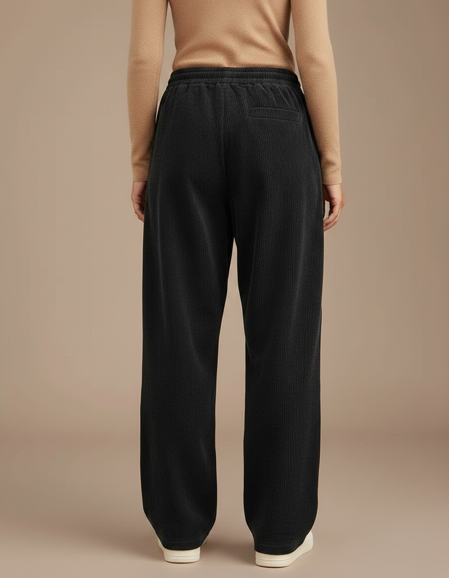 Pantalon Parachute Côtelé Noir Droit Ample Femme - Cordé - vue 2
