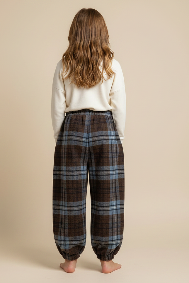 Pantalon Parachute Plaid Marron Bleu Ample Chaud Fille - Multicolore Laine - vue 2
