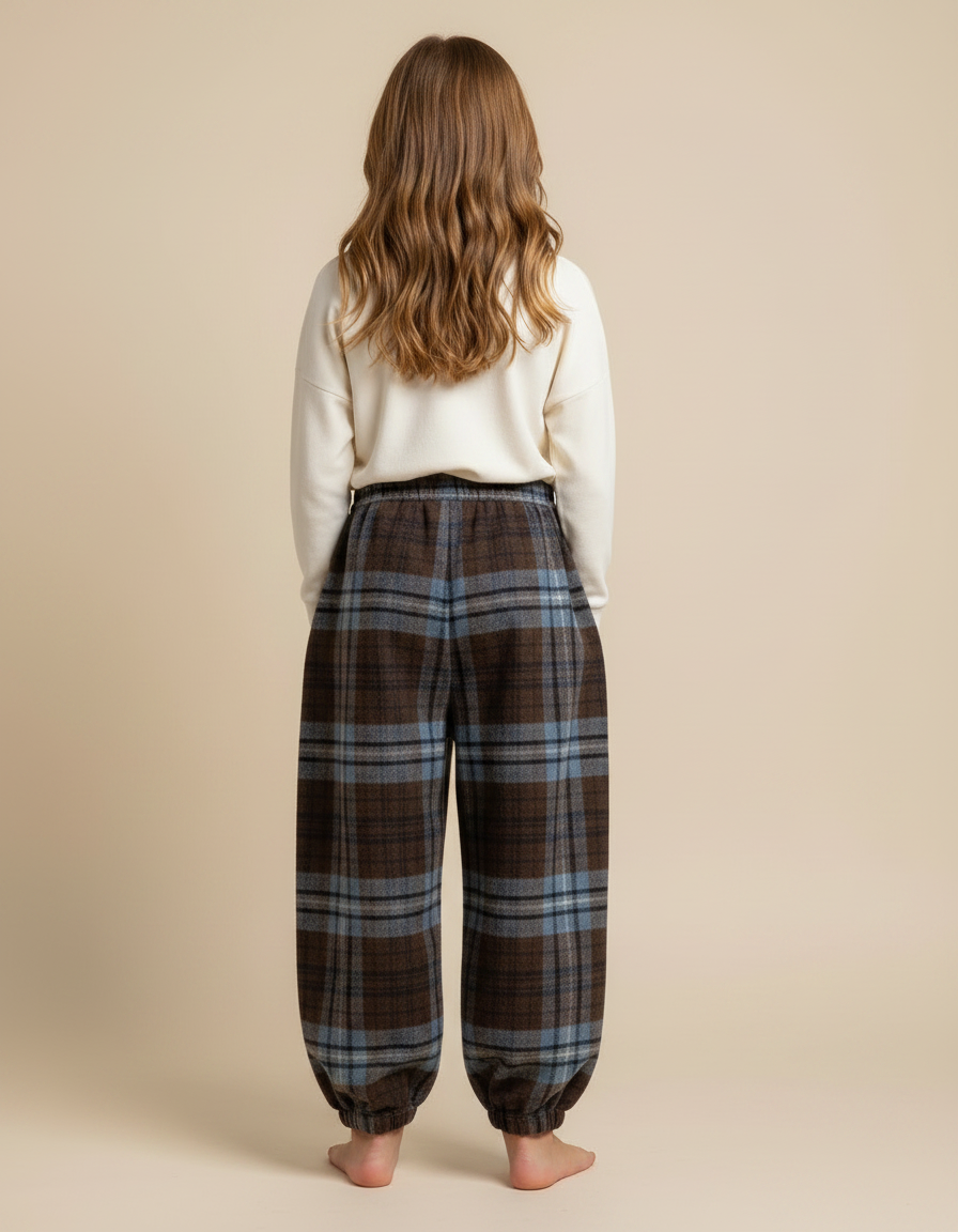 Pantalon Parachute Plaid Marron Bleu Ample Chaud Fille - Multicolore Laine - vue 2