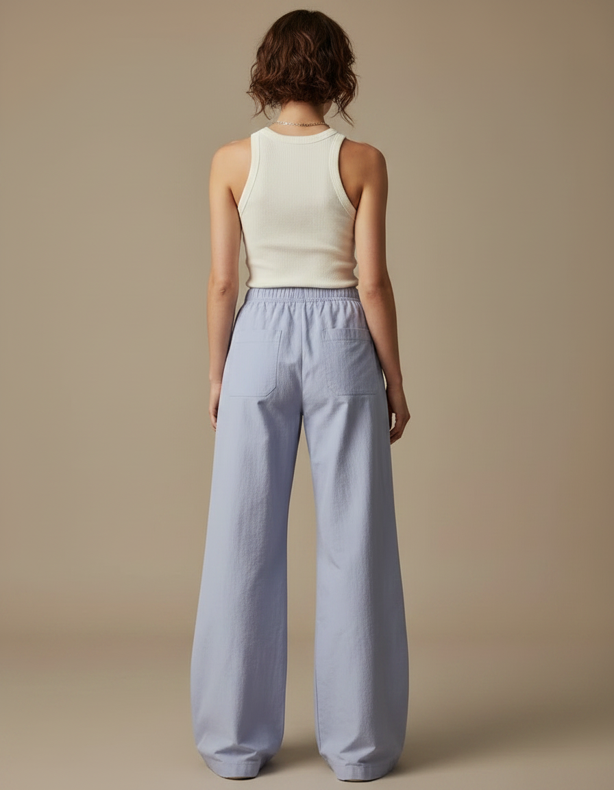 Pantalon Parachute Fluide Ample Taille Haute Bleu Clair - Coton - vue 2