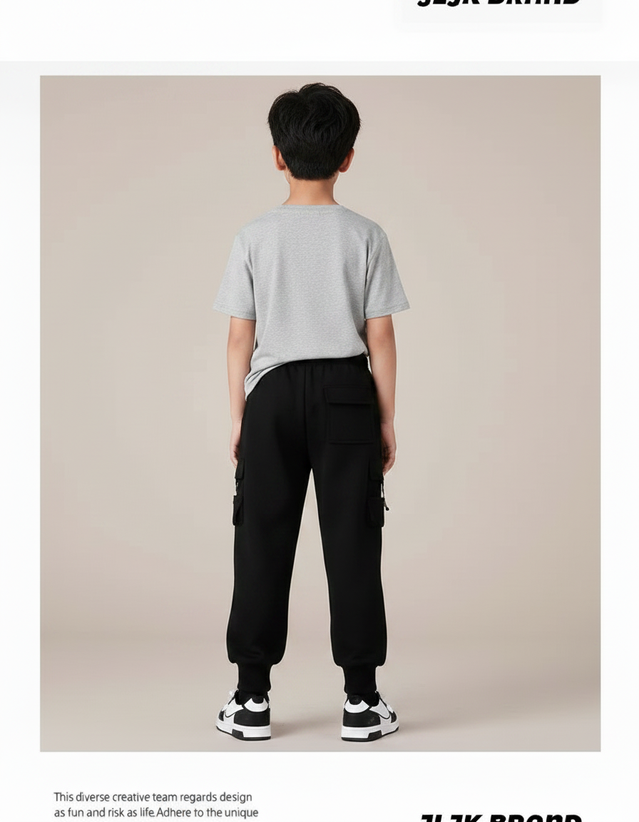 Pantalon Parachute Noir Cargo Ample Garçon Cordon - Molleton - vue 2