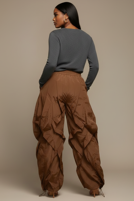 Pantalon Parachute Marron Fluide Ample Froncé Cordon - Polyester - vue 2