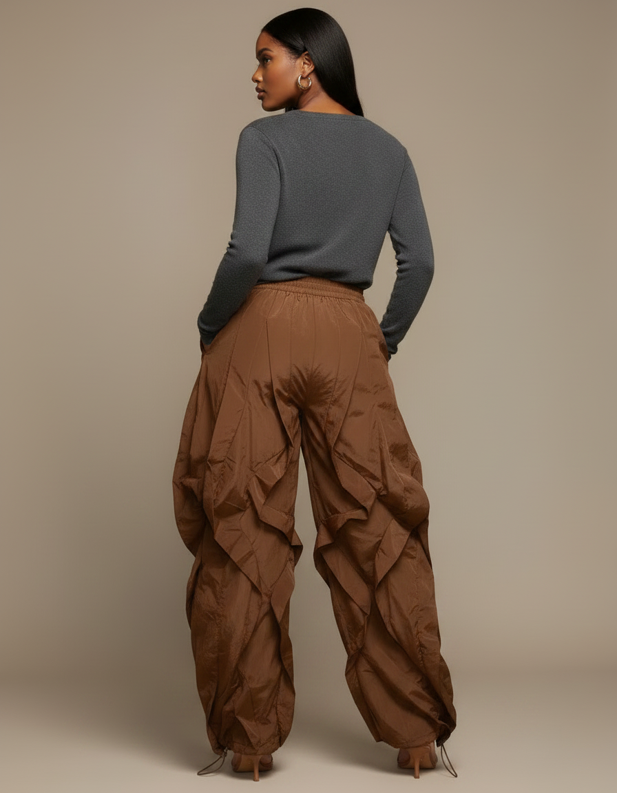 Pantalon Parachute Marron Fluide Ample Froncé Cordon - Polyester - vue 2