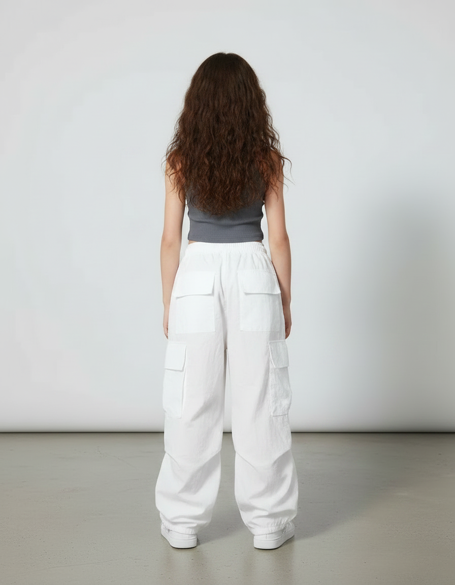 Pantalon Parachute Blanc Ample Cargo Décontracté Enfant - Polyester - vue 2