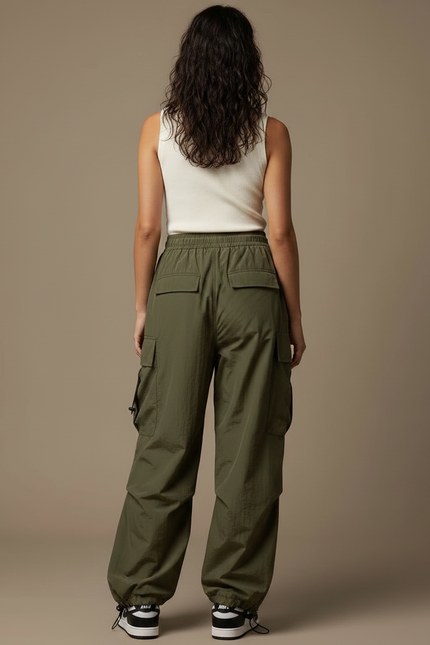 Pantalon Parachute Vert Ample Cargo Nylon Fluide - Kaki Polyester - vue 2
