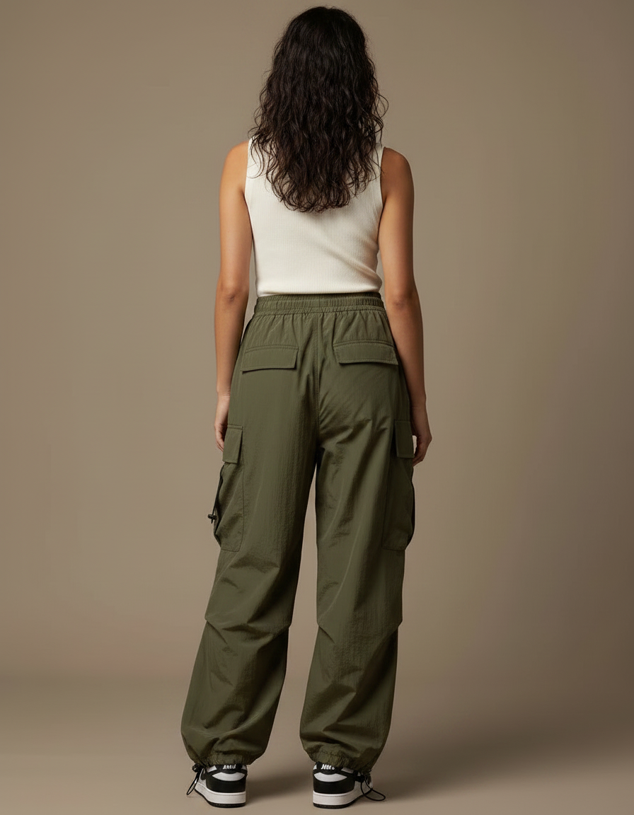 Pantalon Parachute Vert Ample Cargo Nylon Fluide - Kaki Polyester - vue 2