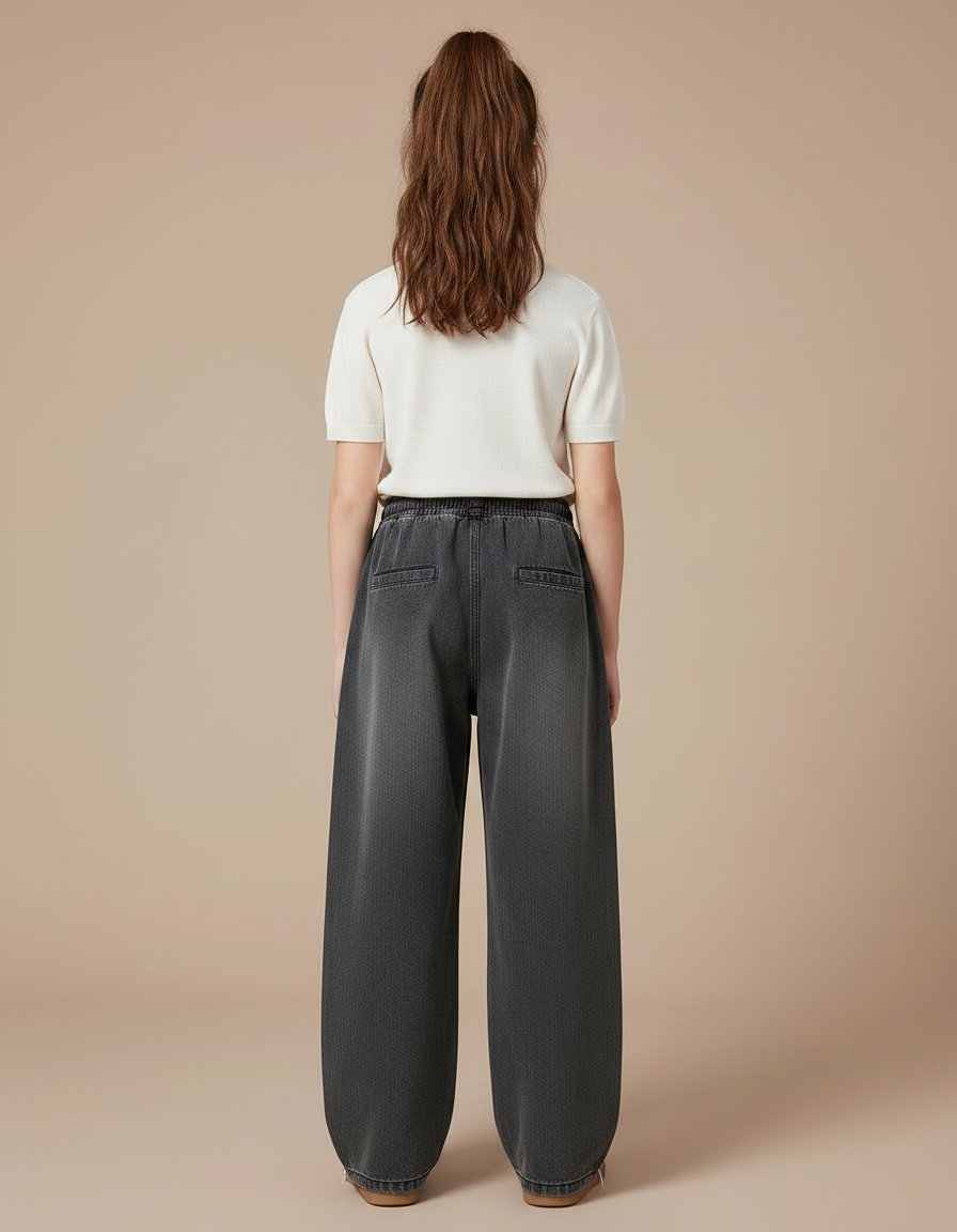 Pantalon Parachute Gris Ample Denim Fille Cordon - Jean - vue 2