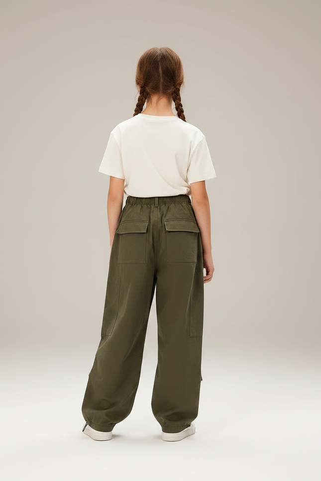 Pantalon Parachute Kaki Cargo Ample Fille Décontracté - Polyester - vue 2