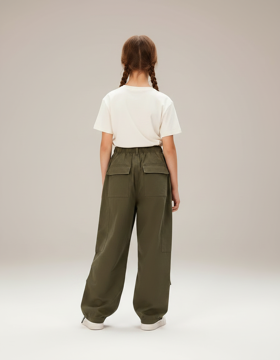 Pantalon Parachute Kaki Cargo Ample Fille Décontracté - Polyester - vue 2