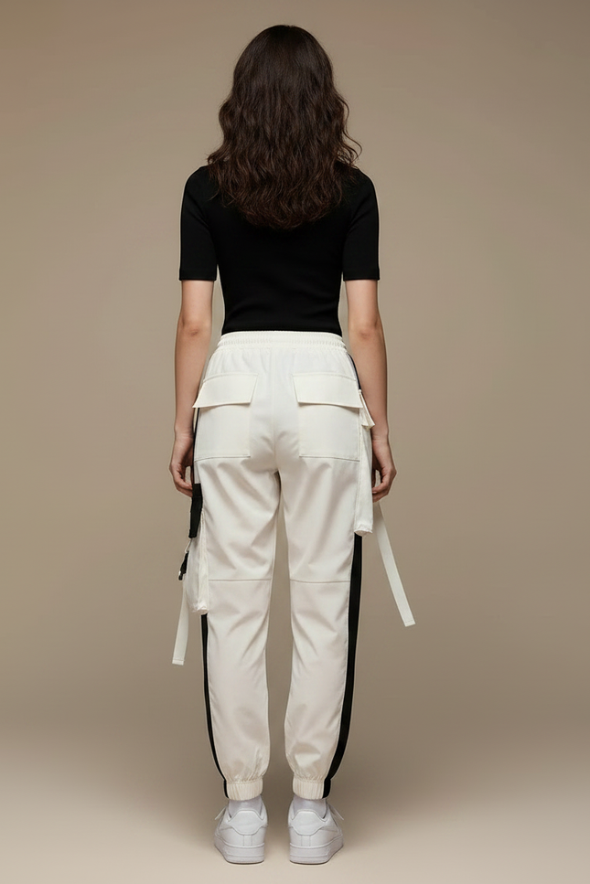 Pantalon Parachute Blanc Cargo Bicolore Techwear Femme - Polyester - vue 2