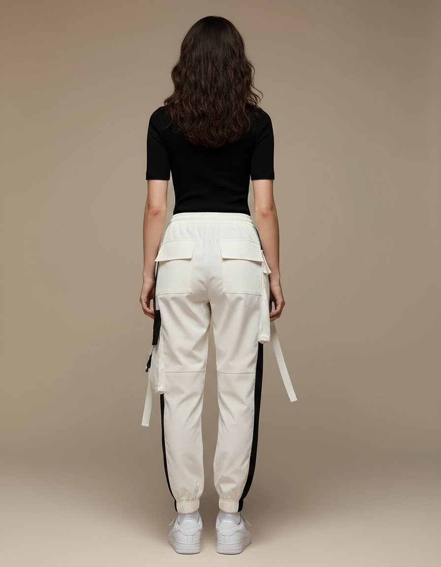 Pantalon Parachute Blanc Cargo Bicolore Techwear Femme - Polyester - vue 2