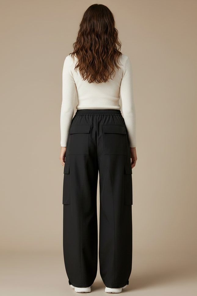 Pantalon Parachute Noir Cargo Ample Poches Femme - Polyester - vue 2