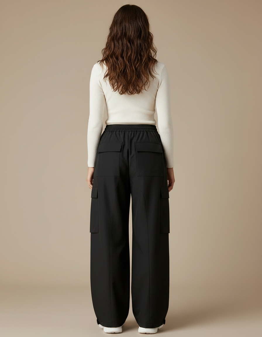 Pantalon Parachute Noir Cargo Ample Poches Femme - Polyester - vue 2