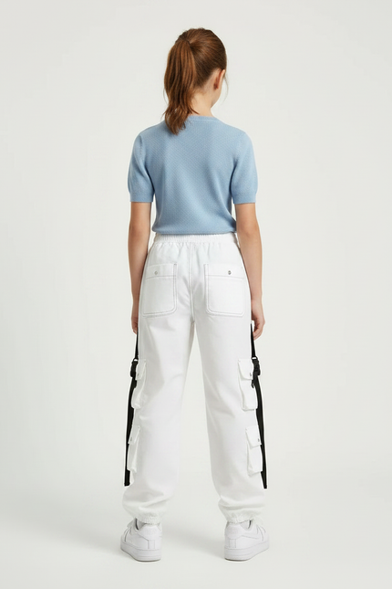 Pantalon Parachute Blanc Cargo Découpes Streetwear Fille - Polyester - vue 2