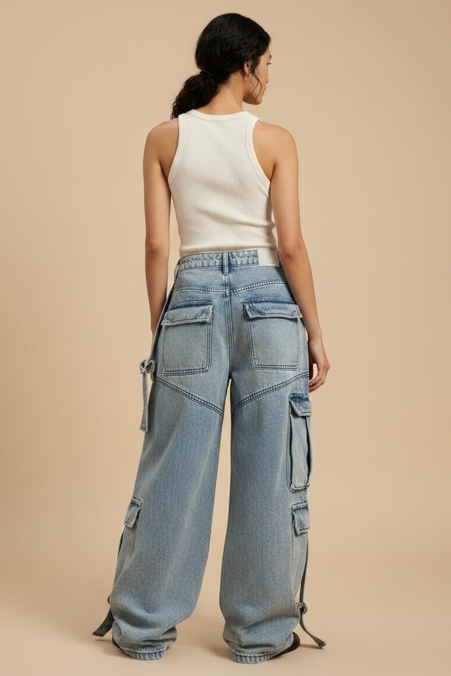 Pantalon Parachute Jean Ample Délavé Multipoches Déchiré - Bleu - vue 2