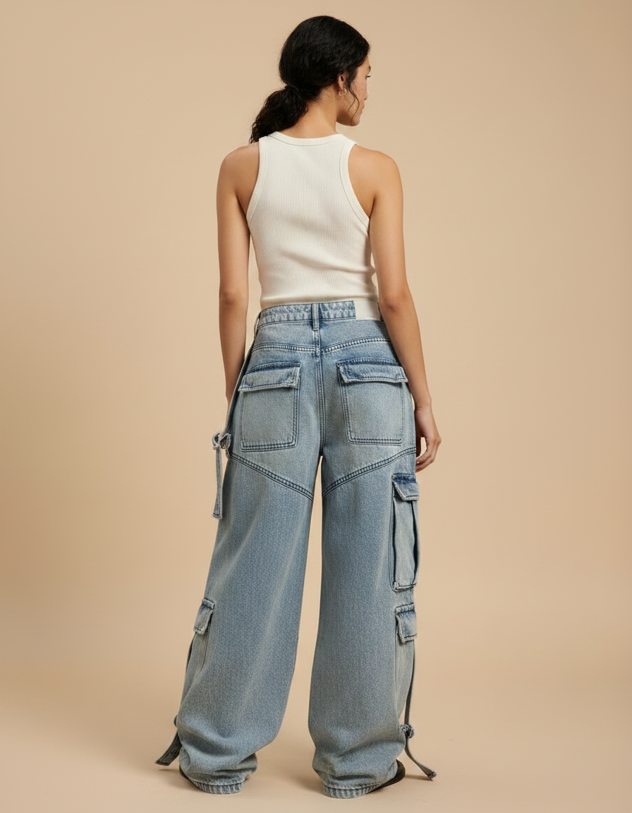 Pantalon Parachute Jean Ample Délavé Multipoches Déchiré - Bleu - vue 2