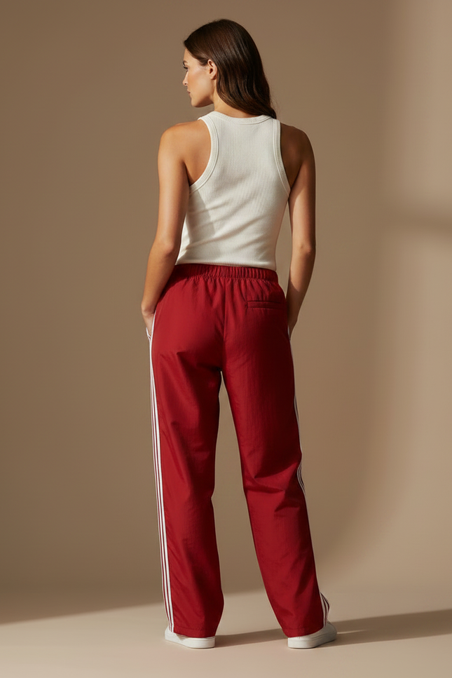 Pantalon Parachute Rouge Ample Sport Rayures Latérales - Polyester - vue 2