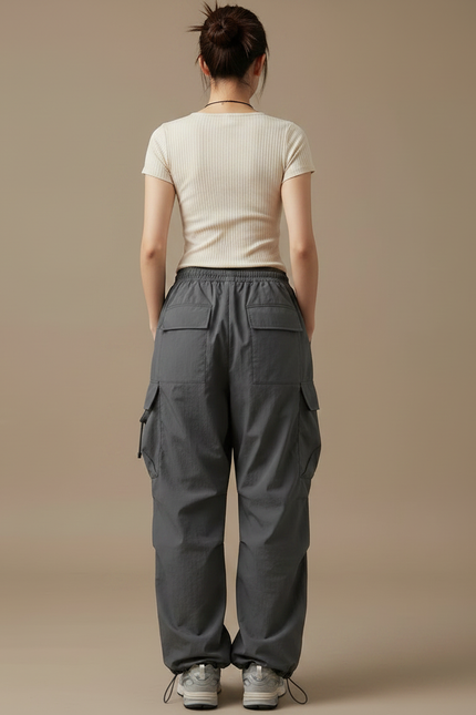 Pantalon Parachute Gris Ample Cargo Femme Streetwear - Polyester - vue 2