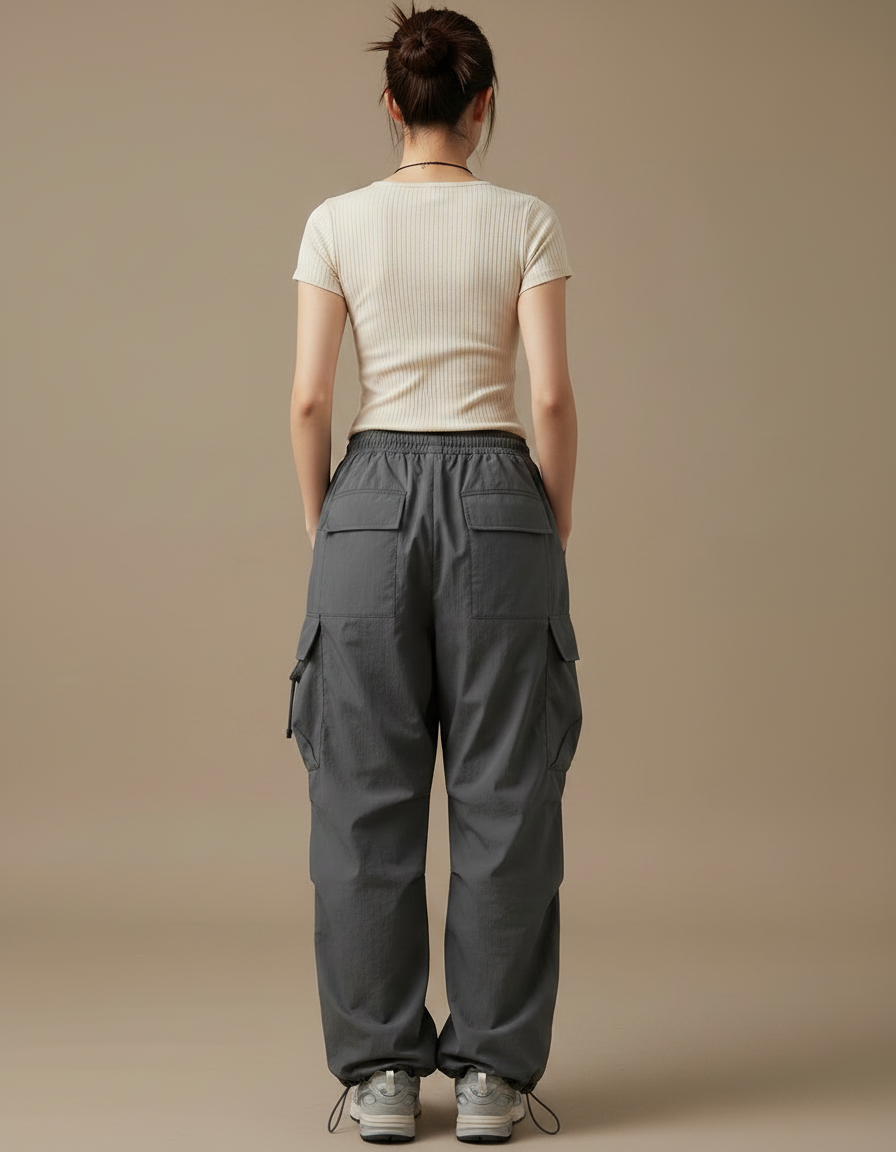Pantalon Parachute Gris Ample Cargo Femme Streetwear - Polyester - vue 2