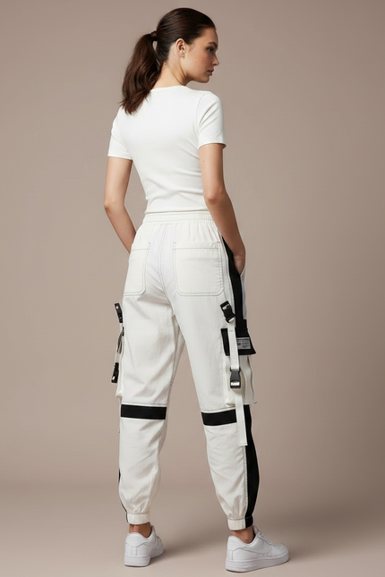Pantalon Parachute Blanc Cargo Bicolore Techwear Femme Y2K - Toile - vue 2